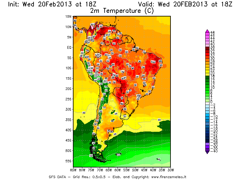 Mappa di analisi GFS - Temperatura a 2 metri dal suolo [°C] in Sud-America
									del 20/02/2013 18 <!--googleoff: index-->UTC<!--googleon: index-->