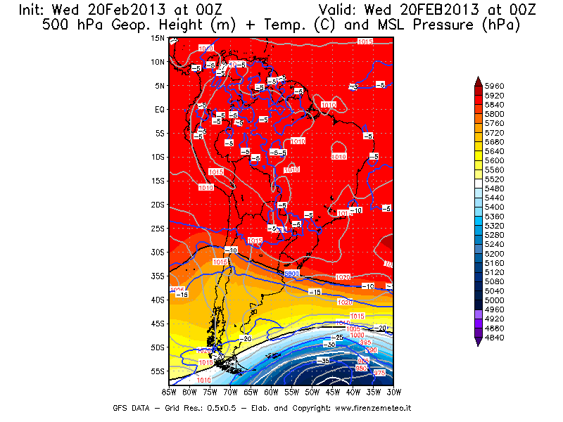 Mappa di analisi GFS - Geopotenziale [m] + Temp. [°C] a 500 hPa + Press. a livello del mare [hPa] in Sud-America
									del 20/02/2013 00 <!--googleoff: index-->UTC<!--googleon: index-->