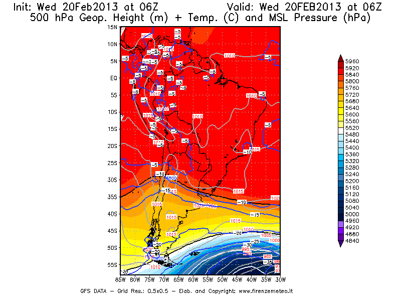 Mappa di analisi GFS - Geopotenziale [m] + Temp. [°C] a 500 hPa + Press. a livello del mare [hPa] in Sud-America
									del 20/02/2013 06 <!--googleoff: index-->UTC<!--googleon: index-->