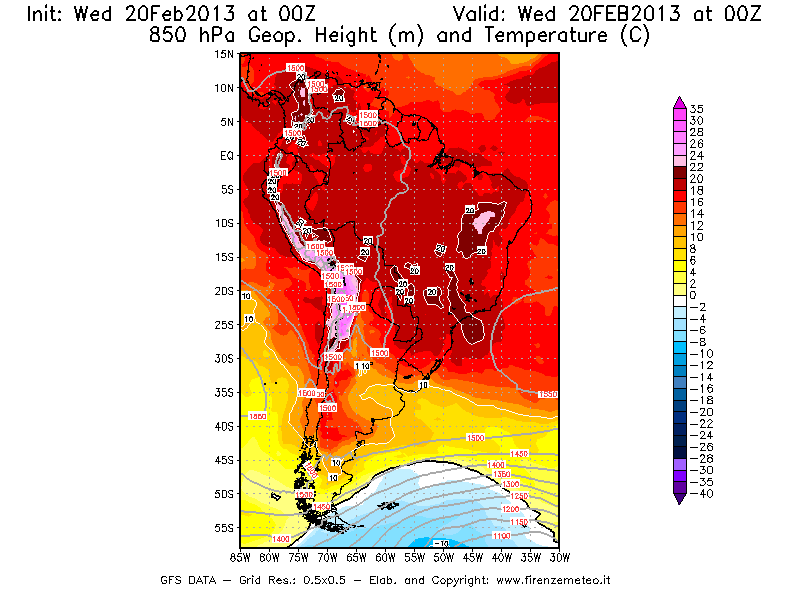 Mappa di analisi GFS - Geopotenziale [m] e Temperatura [°C] a 850 hPa in Sud-America
									del 20/02/2013 00 <!--googleoff: index-->UTC<!--googleon: index-->