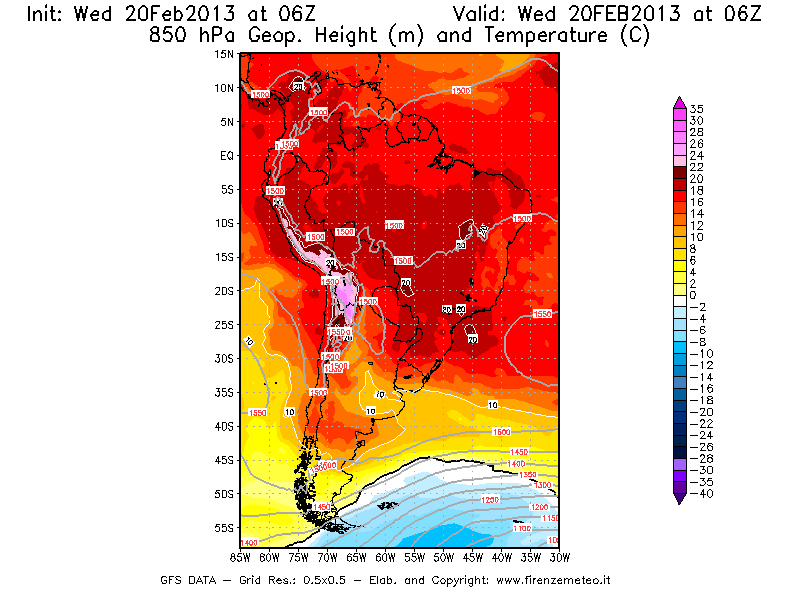 Mappa di analisi GFS - Geopotenziale [m] e Temperatura [°C] a 850 hPa in Sud-America
									del 20/02/2013 06 <!--googleoff: index-->UTC<!--googleon: index-->