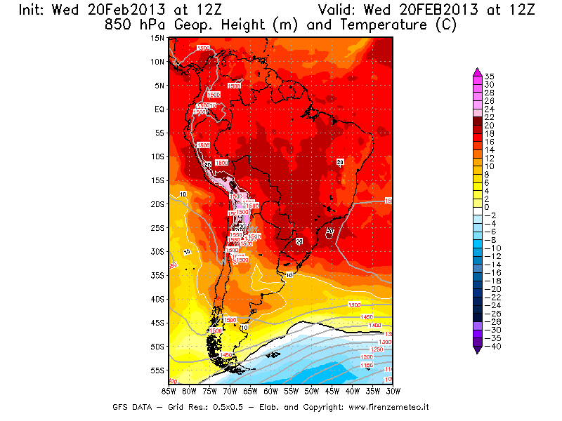 Mappa di analisi GFS - Geopotenziale [m] e Temperatura [°C] a 850 hPa in Sud-America
									del 20/02/2013 12 <!--googleoff: index-->UTC<!--googleon: index-->