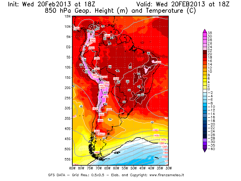 Mappa di analisi GFS - Geopotenziale [m] e Temperatura [°C] a 850 hPa in Sud-America
									del 20/02/2013 18 <!--googleoff: index-->UTC<!--googleon: index-->