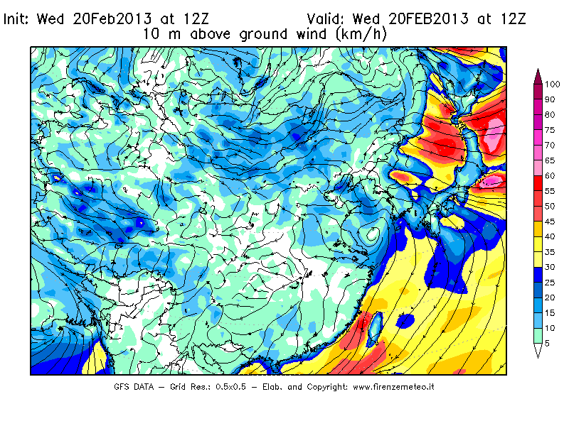 Mappa di analisi GFS - Velocità del vento a 10 metri dal suolo [km/h] in Asia Orientale
									del 20/02/2013 12 <!--googleoff: index-->UTC<!--googleon: index-->