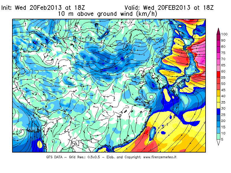 Mappa di analisi GFS - Velocità del vento a 10 metri dal suolo [km/h] in Asia Orientale
									del 20/02/2013 18 <!--googleoff: index-->UTC<!--googleon: index-->