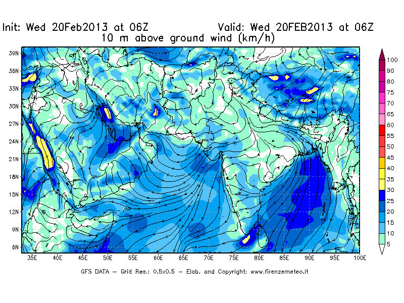 Mappa di analisi GFS - Velocità del vento a 10 metri dal suolo [km/h] in Asia Sud-Occidentale
									del 20/02/2013 06 <!--googleoff: index-->UTC<!--googleon: index-->