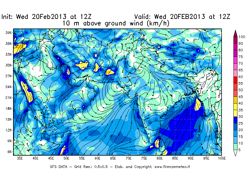 Mappa di analisi GFS - Velocità del vento a 10 metri dal suolo [km/h] in Asia Sud-Occidentale
									del 20/02/2013 12 <!--googleoff: index-->UTC<!--googleon: index-->