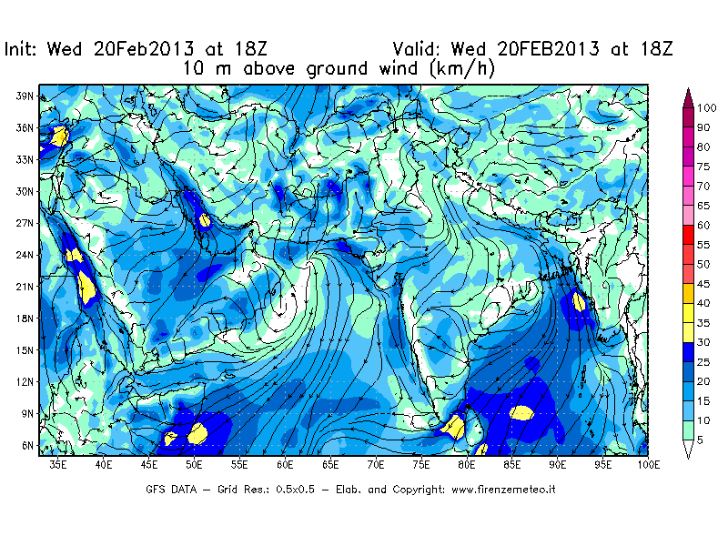 Mappa di analisi GFS - Velocità del vento a 10 metri dal suolo [km/h] in Asia Sud-Occidentale
									del 20/02/2013 18 <!--googleoff: index-->UTC<!--googleon: index-->