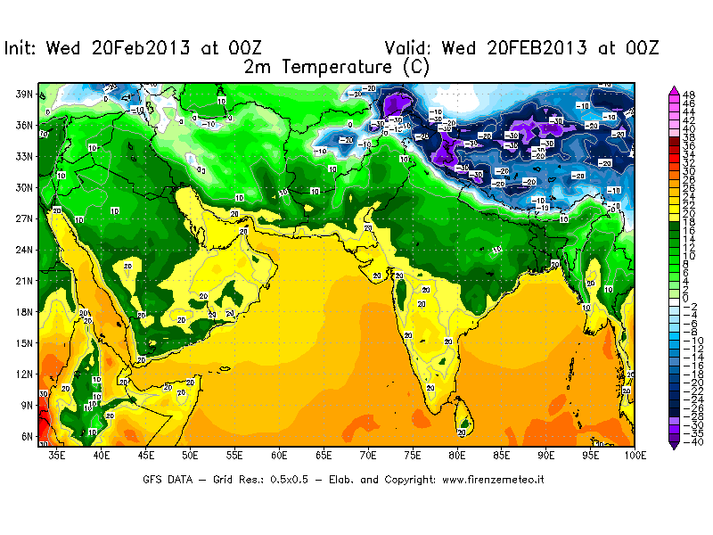 Mappa di analisi GFS - Temperatura a 2 metri dal suolo [°C] in Asia Sud-Occidentale
									del 20/02/2013 00 <!--googleoff: index-->UTC<!--googleon: index-->