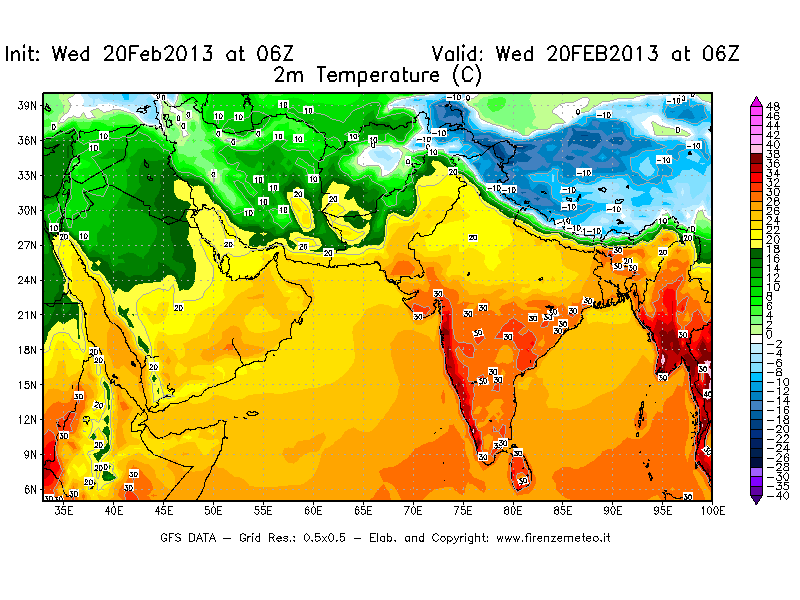 Mappa di analisi GFS - Temperatura a 2 metri dal suolo [°C] in Asia Sud-Occidentale
									del 20/02/2013 06 <!--googleoff: index-->UTC<!--googleon: index-->