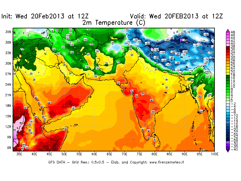 Mappa di analisi GFS - Temperatura a 2 metri dal suolo [°C] in Asia Sud-Occidentale
									del 20/02/2013 12 <!--googleoff: index-->UTC<!--googleon: index-->