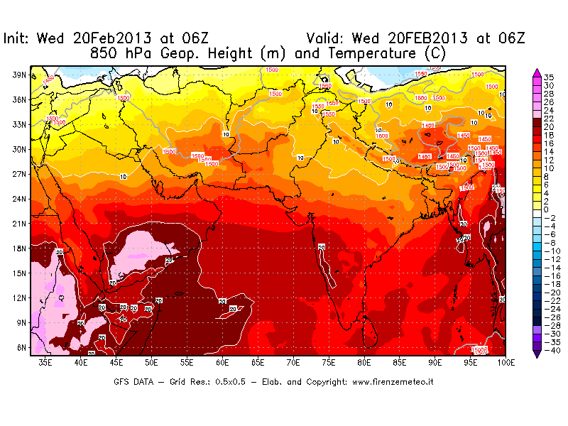 Mappa di analisi GFS - Geopotenziale [m] e Temperatura [°C] a 850 hPa in Asia Sud-Occidentale
									del 20/02/2013 06 <!--googleoff: index-->UTC<!--googleon: index-->