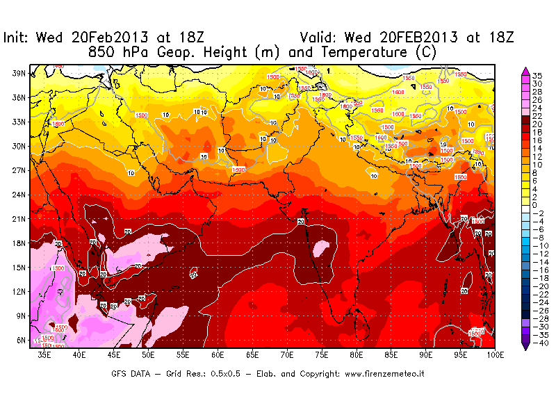 Mappa di analisi GFS - Geopotenziale [m] e Temperatura [°C] a 850 hPa in Asia Sud-Occidentale
									del 20/02/2013 18 <!--googleoff: index-->UTC<!--googleon: index-->