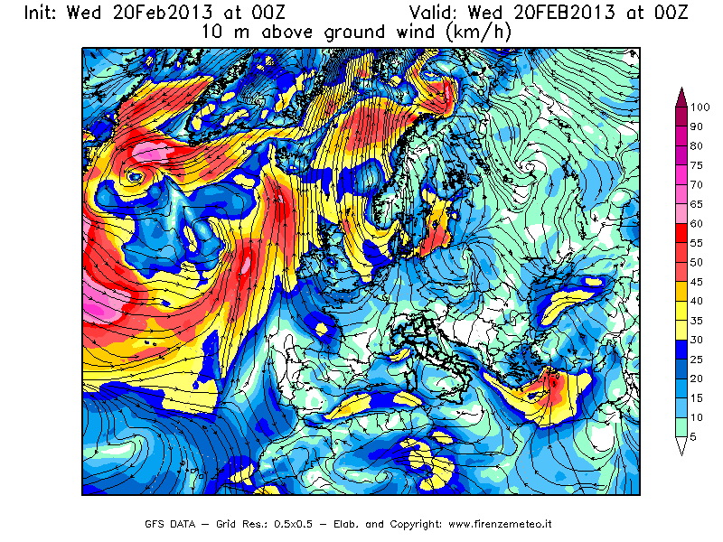Mappa di analisi GFS - Velocità del vento a 10 metri dal suolo [km/h] in Europa
									del 20/02/2013 00 <!--googleoff: index-->UTC<!--googleon: index-->
