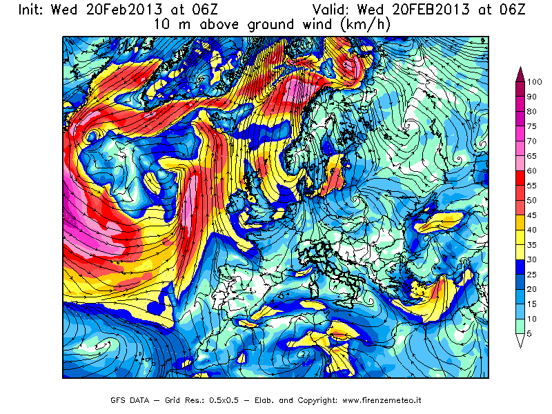 Mappa di analisi GFS - Velocità del vento a 10 metri dal suolo [km/h] in Europa
									del 20/02/2013 06 <!--googleoff: index-->UTC<!--googleon: index-->