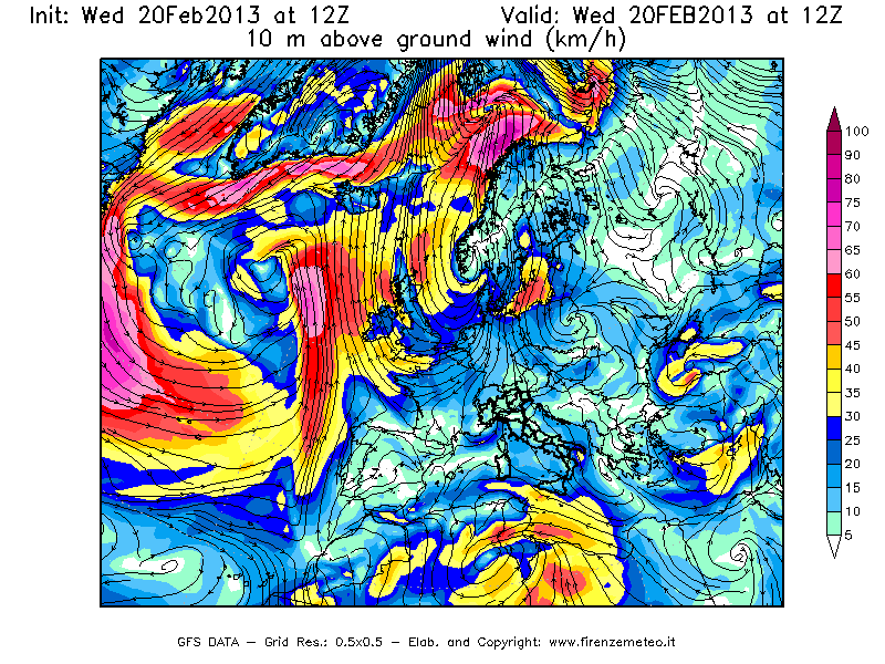 Mappa di analisi GFS - Velocità del vento a 10 metri dal suolo [km/h] in Europa
									del 20/02/2013 12 <!--googleoff: index-->UTC<!--googleon: index-->