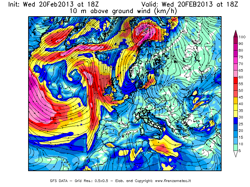 Mappa di analisi GFS - Velocità del vento a 10 metri dal suolo [km/h] in Europa
									del 20/02/2013 18 <!--googleoff: index-->UTC<!--googleon: index-->