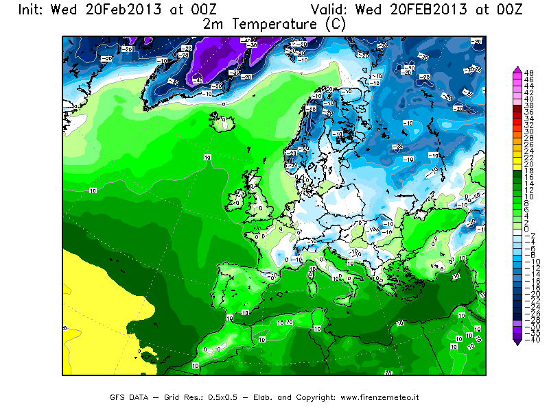 Mappa di analisi GFS - Temperatura a 2 metri dal suolo [°C] in Europa
									del 20/02/2013 00 <!--googleoff: index-->UTC<!--googleon: index-->