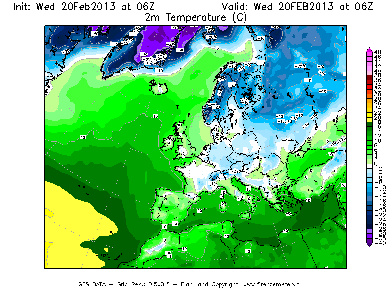 Mappa di analisi GFS - Temperatura a 2 metri dal suolo [°C] in Europa
									del 20/02/2013 06 <!--googleoff: index-->UTC<!--googleon: index-->