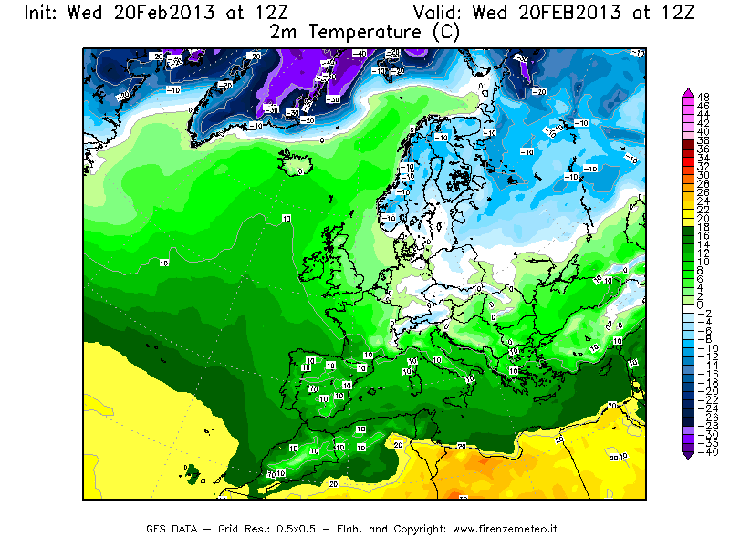 Mappa di analisi GFS - Temperatura a 2 metri dal suolo [°C] in Europa
									del 20/02/2013 12 <!--googleoff: index-->UTC<!--googleon: index-->