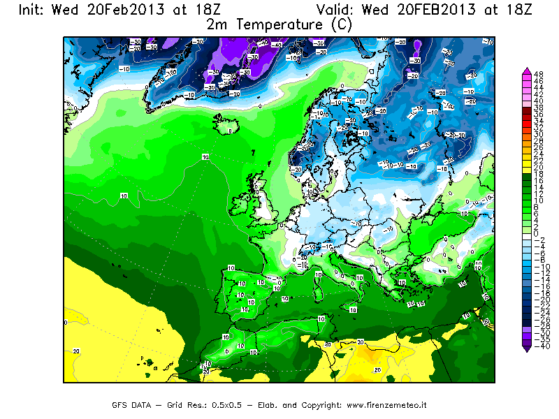 Mappa di analisi GFS - Temperatura a 2 metri dal suolo [°C] in Europa
									del 20/02/2013 18 <!--googleoff: index-->UTC<!--googleon: index-->