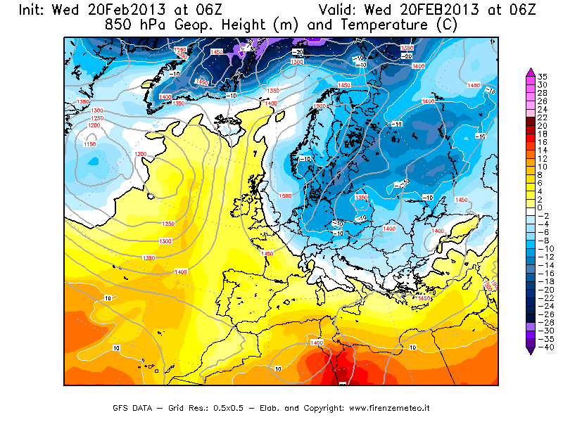Mappa di analisi GFS - Geopotenziale [m] e Temperatura [°C] a 850 hPa in Europa
									del 20/02/2013 06 <!--googleoff: index-->UTC<!--googleon: index-->