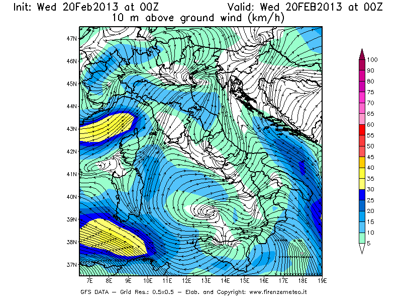 Mappa di analisi GFS - Velocità del vento a 10 metri dal suolo [km/h] in Italia
									del 20/02/2013 00 <!--googleoff: index-->UTC<!--googleon: index-->