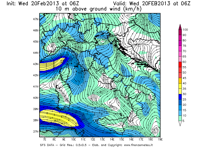 Mappa di analisi GFS - Velocità del vento a 10 metri dal suolo [km/h] in Italia
									del 20/02/2013 06 <!--googleoff: index-->UTC<!--googleon: index-->