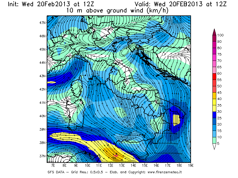 Mappa di analisi GFS - Velocità del vento a 10 metri dal suolo [km/h] in Italia
									del 20/02/2013 12 <!--googleoff: index-->UTC<!--googleon: index-->