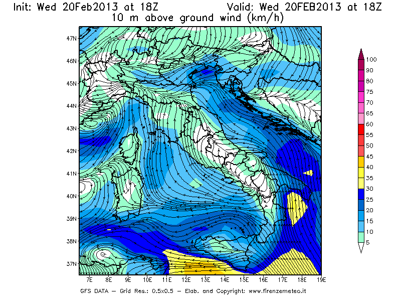 Mappa di analisi GFS - Velocità del vento a 10 metri dal suolo [km/h] in Italia
									del 20/02/2013 18 <!--googleoff: index-->UTC<!--googleon: index-->