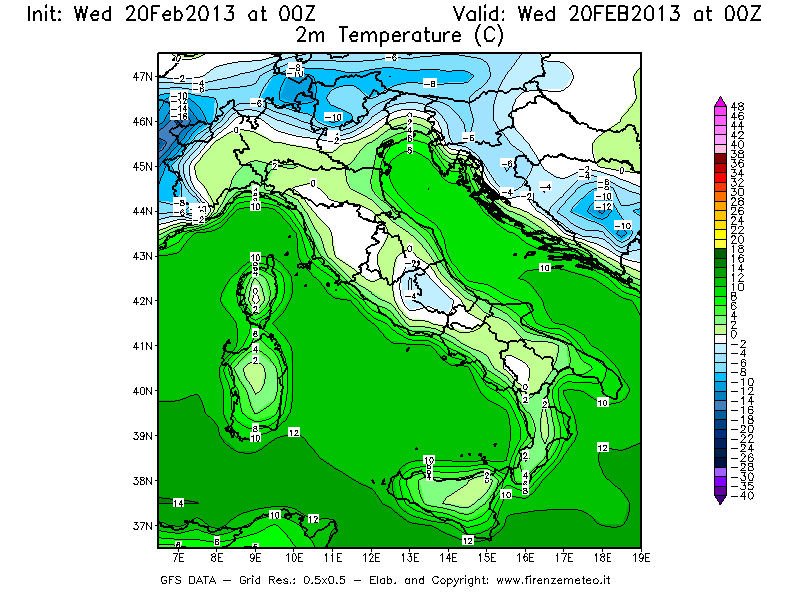 Mappa di analisi GFS - Temperatura a 2 metri dal suolo [°C] in Italia
									del 20/02/2013 00 <!--googleoff: index-->UTC<!--googleon: index-->