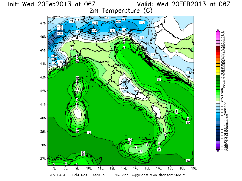 Mappa di analisi GFS - Temperatura a 2 metri dal suolo [°C] in Italia
									del 20/02/2013 06 <!--googleoff: index-->UTC<!--googleon: index-->