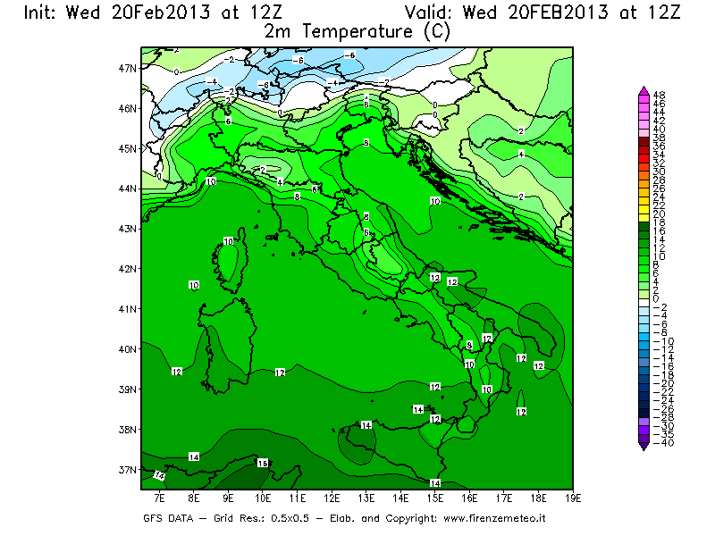 Mappa di analisi GFS - Temperatura a 2 metri dal suolo [°C] in Italia
									del 20/02/2013 12 <!--googleoff: index-->UTC<!--googleon: index-->
