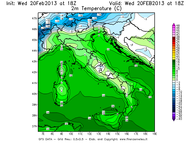 Mappa di analisi GFS - Temperatura a 2 metri dal suolo [°C] in Italia
									del 20/02/2013 18 <!--googleoff: index-->UTC<!--googleon: index-->