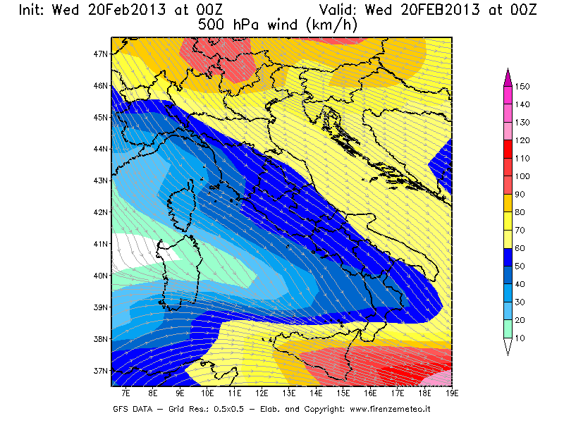 Mappa di analisi GFS - Velocità del vento a 500 hPa [km/h] in Italia
									del 20/02/2013 00 <!--googleoff: index-->UTC<!--googleon: index-->