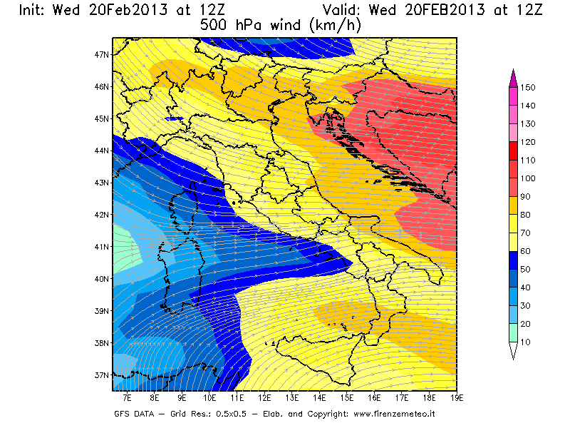 Mappa di analisi GFS - Velocità del vento a 500 hPa [km/h] in Italia
									del 20/02/2013 12 <!--googleoff: index-->UTC<!--googleon: index-->