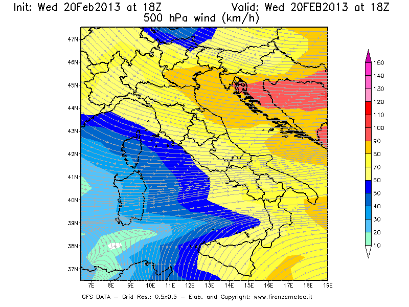 Mappa di analisi GFS - Velocità del vento a 500 hPa [km/h] in Italia
									del 20/02/2013 18 <!--googleoff: index-->UTC<!--googleon: index-->