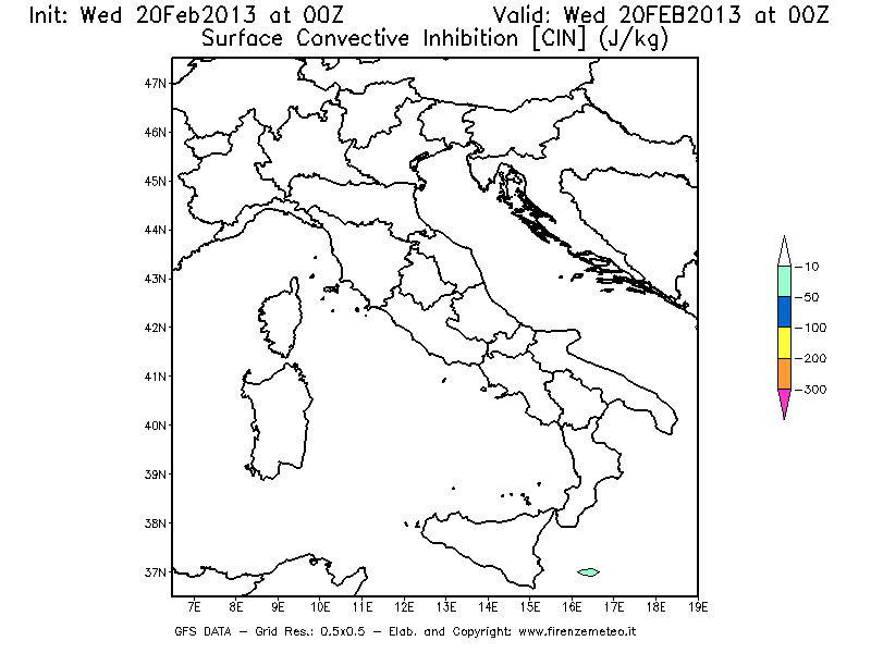 Mappa di analisi GFS - CIN [J/kg] in Italia
									del 20/02/2013 00 <!--googleoff: index-->UTC<!--googleon: index-->