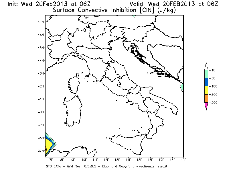 Mappa di analisi GFS - CIN [J/kg] in Italia
									del 20/02/2013 06 <!--googleoff: index-->UTC<!--googleon: index-->