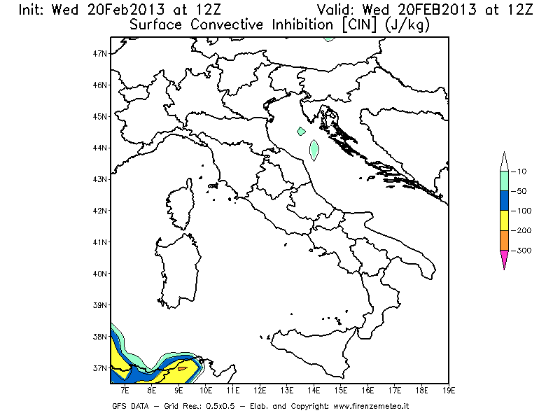 Mappa di analisi GFS - CIN [J/kg] in Italia
									del 20/02/2013 12 <!--googleoff: index-->UTC<!--googleon: index-->