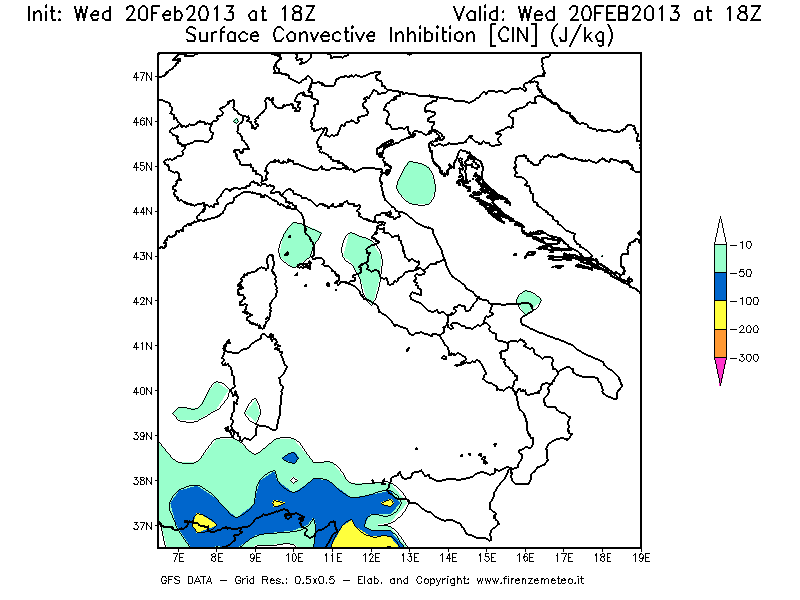 Mappa di analisi GFS - CIN [J/kg] in Italia
									del 20/02/2013 18 <!--googleoff: index-->UTC<!--googleon: index-->