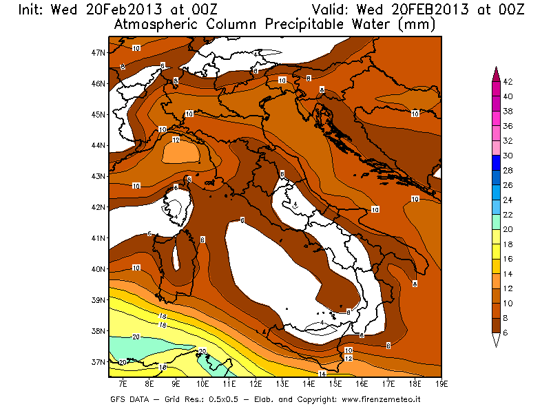Mappa di analisi GFS - Precipitable Water [mm] in Italia
									del 20/02/2013 00 <!--googleoff: index-->UTC<!--googleon: index-->
