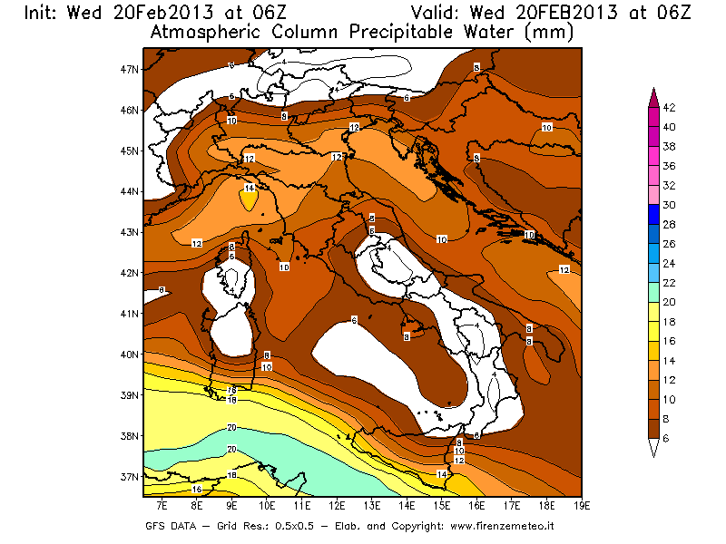 Mappa di analisi GFS - Precipitable Water [mm] in Italia
									del 20/02/2013 06 <!--googleoff: index-->UTC<!--googleon: index-->