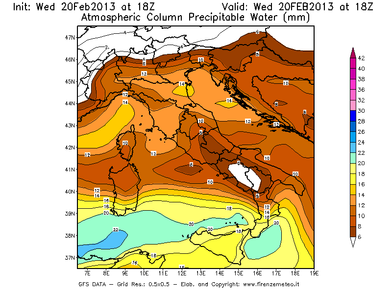 Mappa di analisi GFS - Precipitable Water [mm] in Italia
									del 20/02/2013 18 <!--googleoff: index-->UTC<!--googleon: index-->