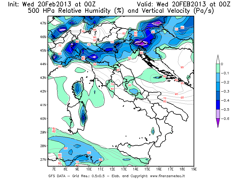 Mappa di analisi GFS - Umidità relativa [%] e Omega [Pa/s] a 500 hPa in Italia
									del 20/02/2013 00 <!--googleoff: index-->UTC<!--googleon: index-->
