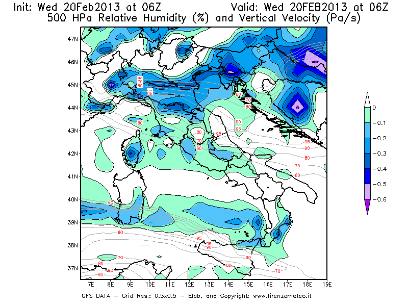 Mappa di analisi GFS - Umidità relativa [%] e Omega [Pa/s] a 500 hPa in Italia
									del 20/02/2013 06 <!--googleoff: index-->UTC<!--googleon: index-->