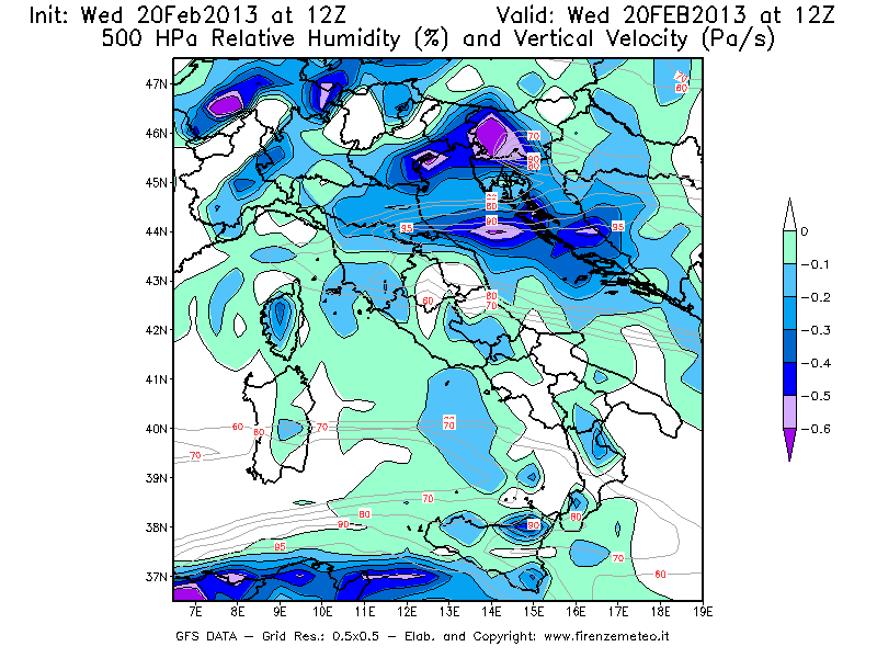 Mappa di analisi GFS - Umidità relativa [%] e Omega [Pa/s] a 500 hPa in Italia
									del 20/02/2013 12 <!--googleoff: index-->UTC<!--googleon: index-->