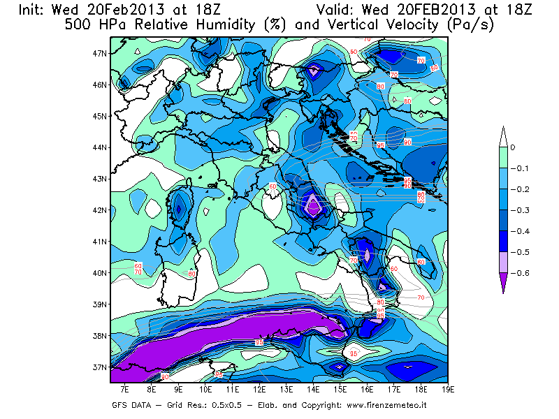 Mappa di analisi GFS - Umidità relativa [%] e Omega [Pa/s] a 500 hPa in Italia
									del 20/02/2013 18 <!--googleoff: index-->UTC<!--googleon: index-->