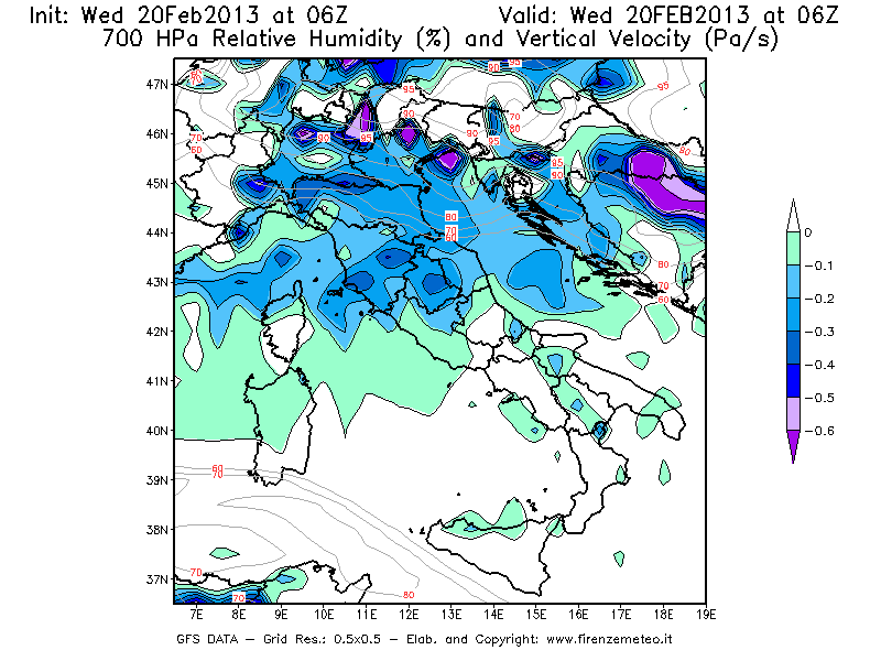 Mappa di analisi GFS - Umidità relativa [%] e Omega [Pa/s] a 700 hPa in Italia
									del 20/02/2013 06 <!--googleoff: index-->UTC<!--googleon: index-->
