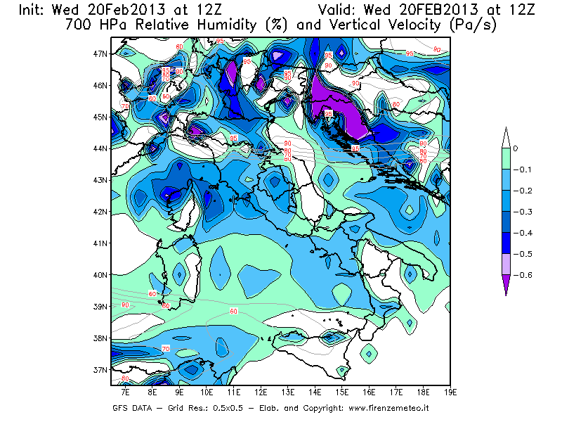 Mappa di analisi GFS - Umidità relativa [%] e Omega [Pa/s] a 700 hPa in Italia
									del 20/02/2013 12 <!--googleoff: index-->UTC<!--googleon: index-->